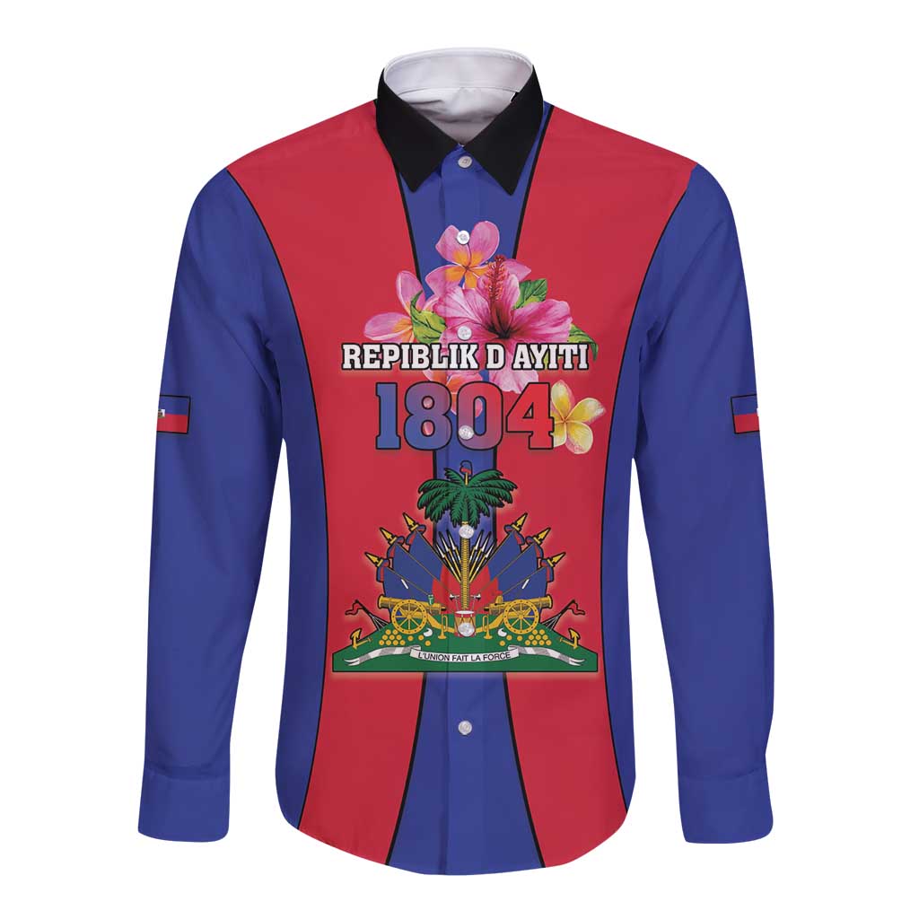 Long-sleeve button shirt with Haitian coat of arms, red/blue panel front