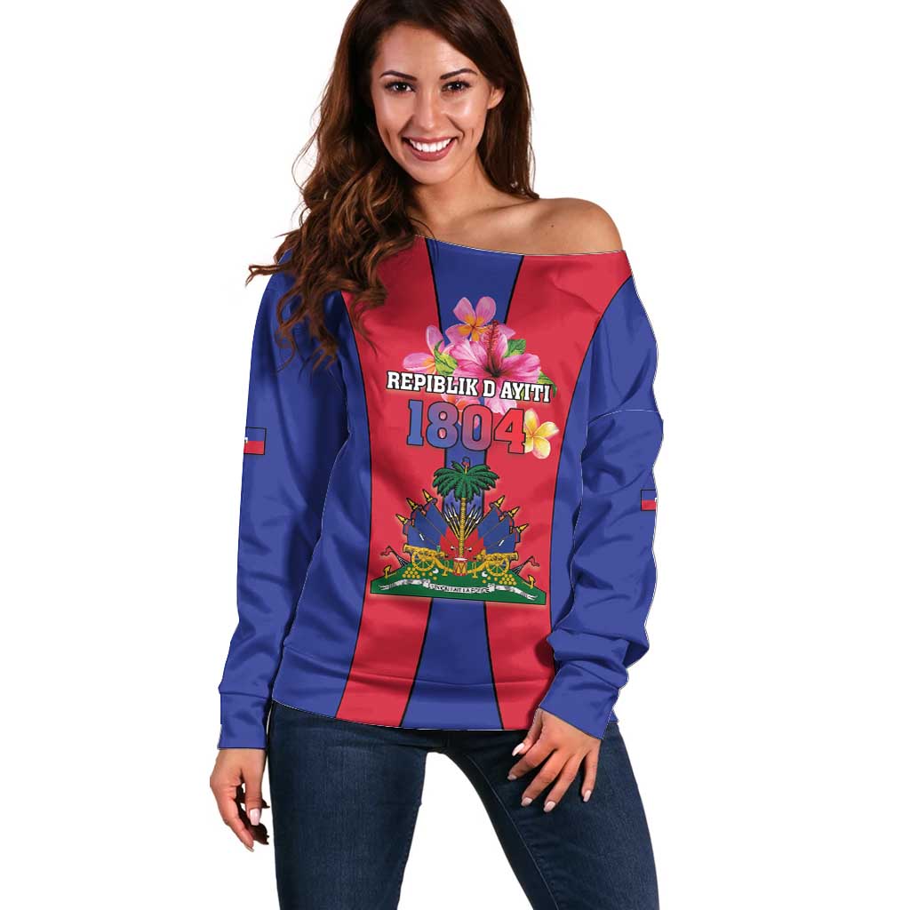 Personalized Haiti Coat Of Arms Off Shoulder Sweater With Flag Color - Wonder Print Shop