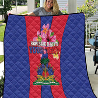 Haiti flag coat of arms quilt in blue and red, centered crest with floral accents