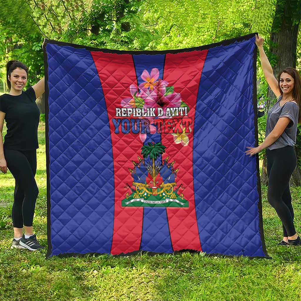 Haiti flag quilt spread out, blue border with red center panel and coat of arms crest
