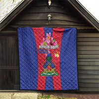 Haiti flag quilt hanging on wall, blue outer panels and red center crest graphic