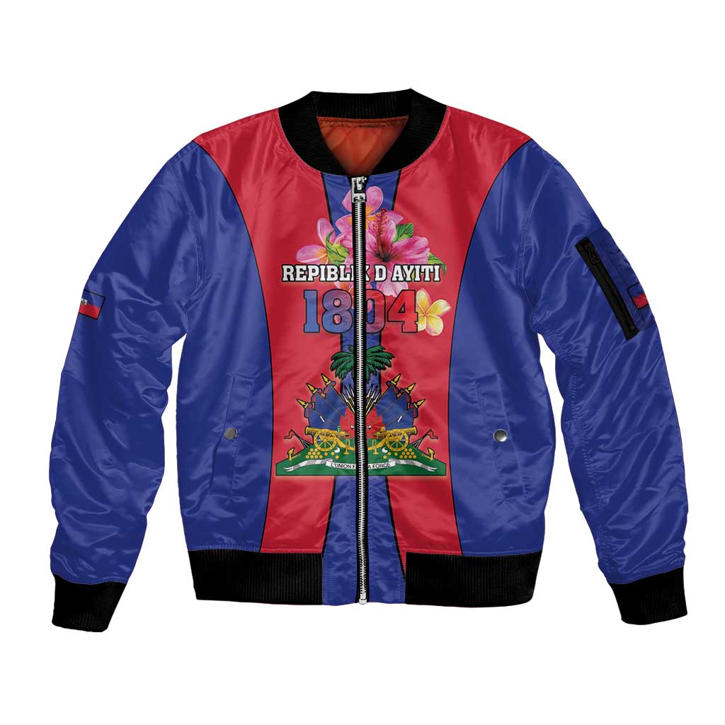 Personalized Haiti Coat Of Arms Sleeve Zip Bomber Jacket With Flag Color - Wonder Print Shop