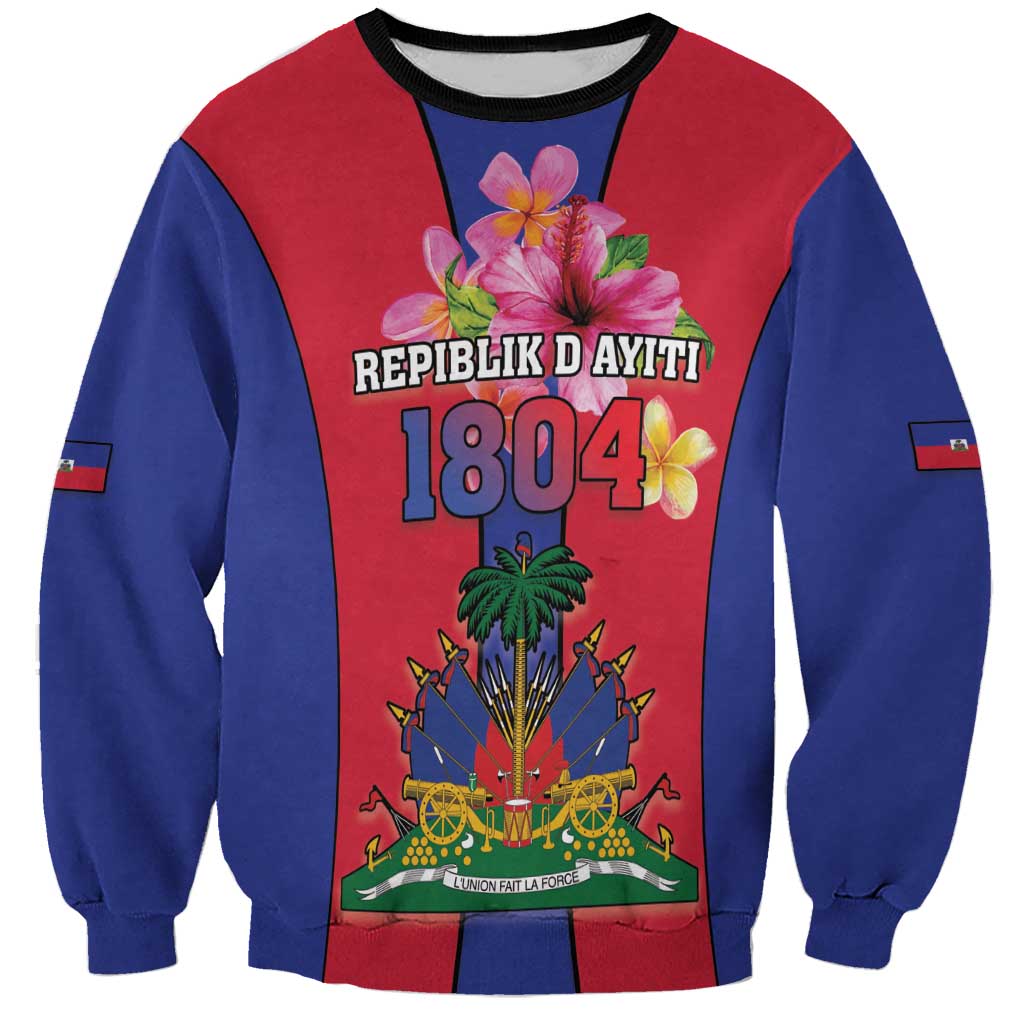 Unisex sweatshirt with Haiti coat of arms, red/blue raglan and '1804' front print