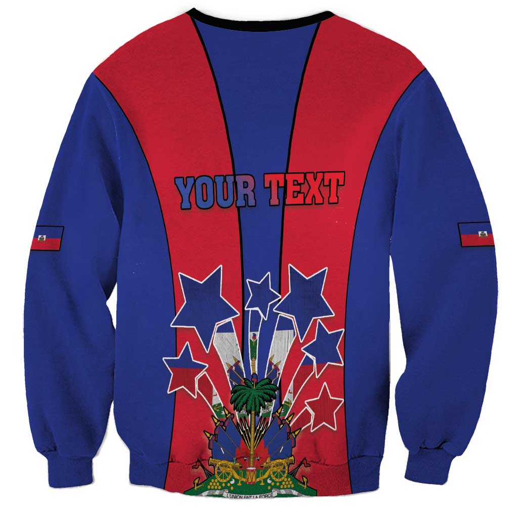 Unisex sweatshirt, red/blue raglan back with 'YOUR TEXT', stars, and coat of arms graphic
