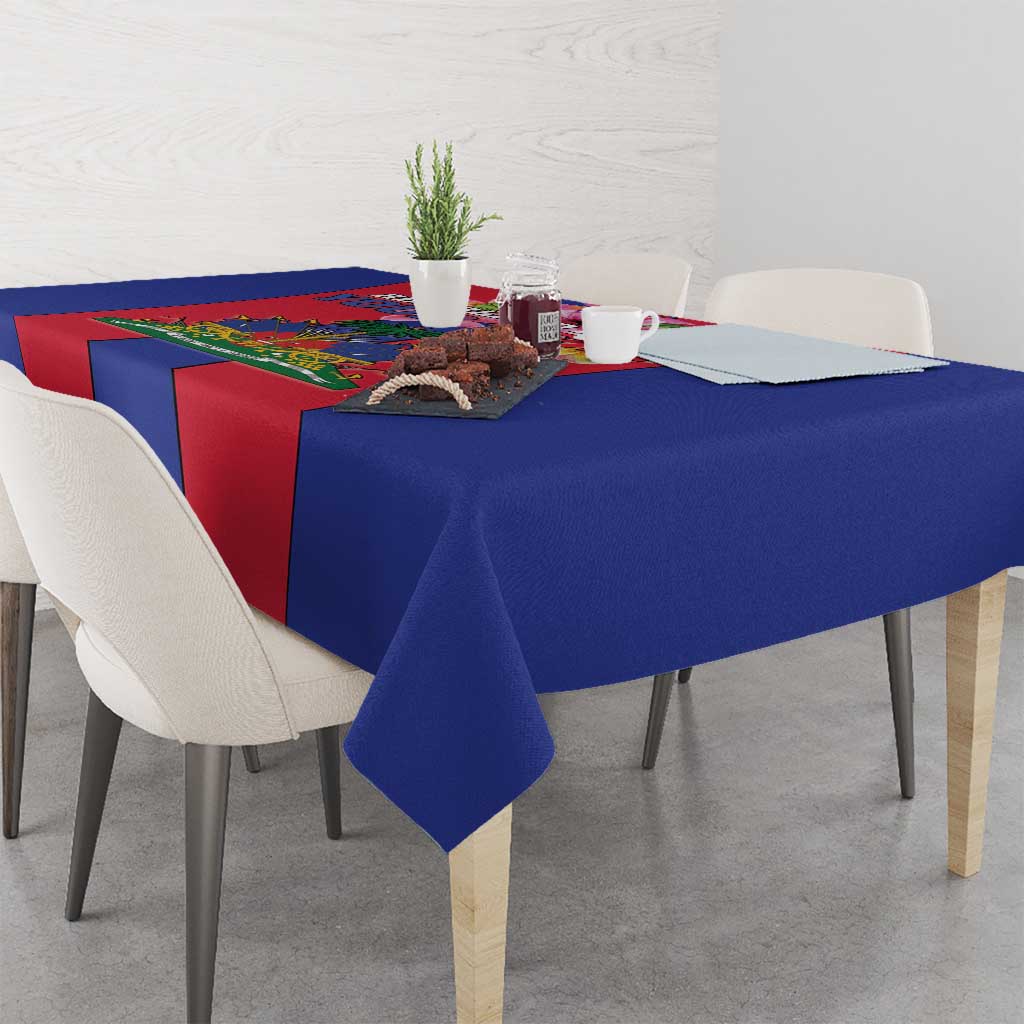 Blue and red Haiti flag tablecloth with bold stripe design on dining table