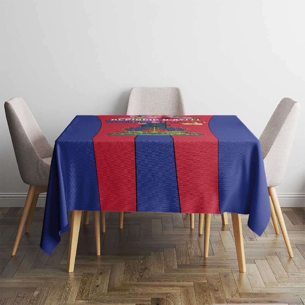 Haiti flag tablecloth with blue and red vertical blocks, centered emblem panel