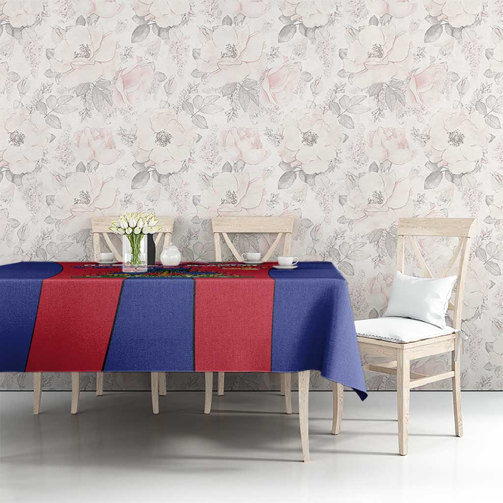 Blue, red Haiti flag tablecloth covering dining table with geometric panel stripes