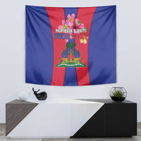 Haiti coat of arms tapestry above cabinet, red-and-blue flag stripes with crest