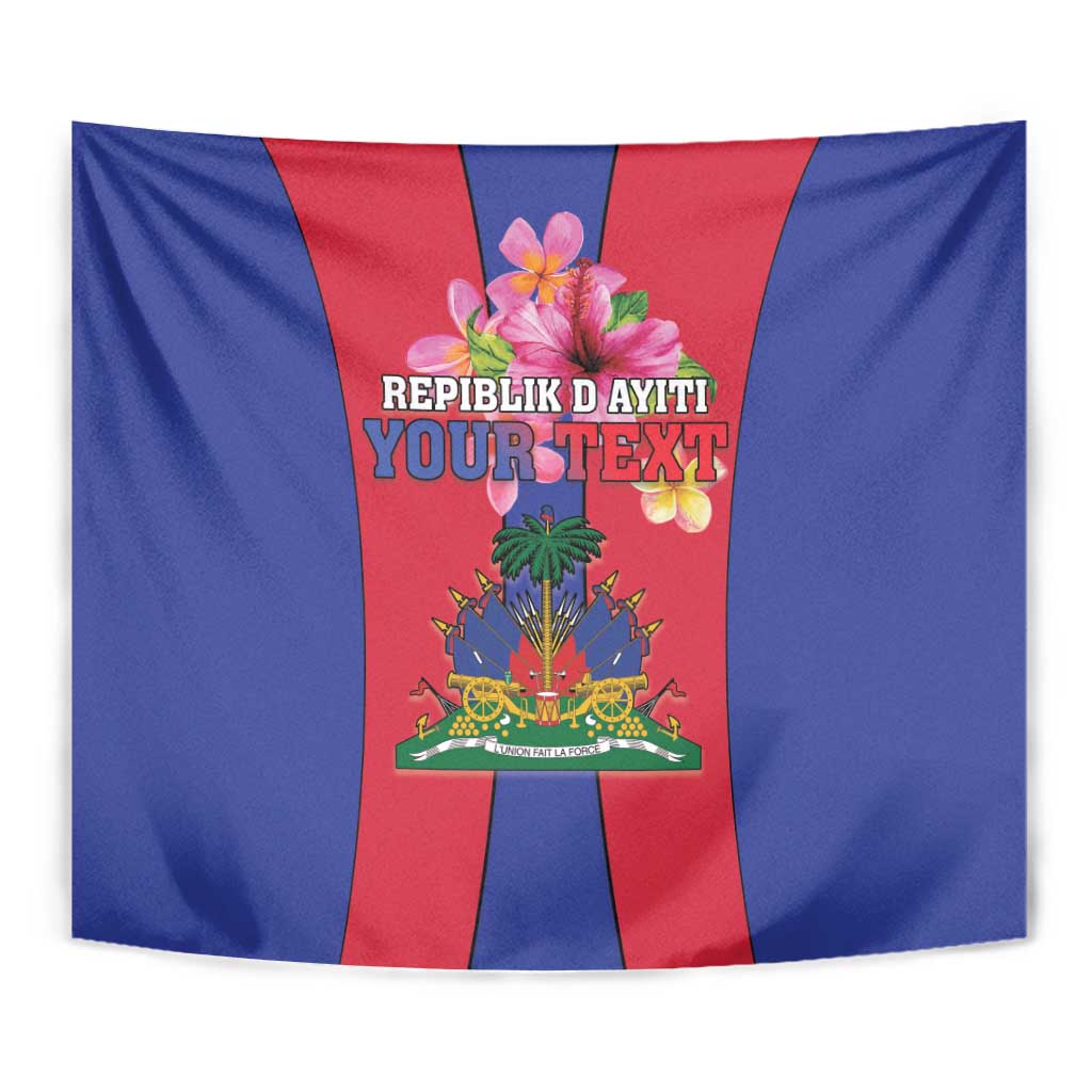 Haiti coat of arms tapestry close-up, red-and-blue flag stripes with central crest