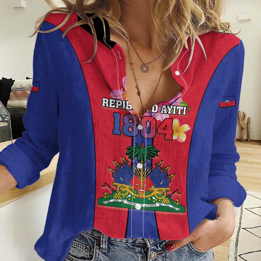 Women’s blue and red Haiti coat of arms casual shirt, V-neck button-front, graphic front