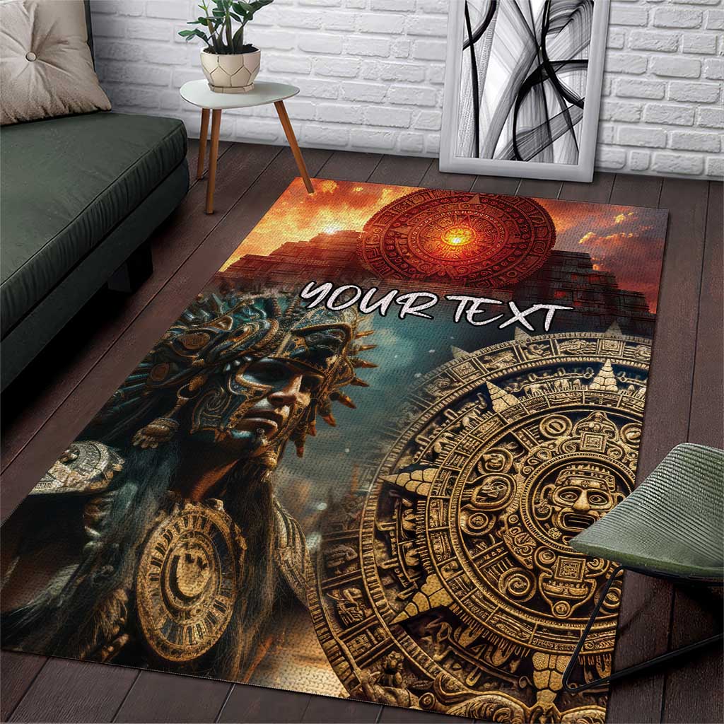 Personalized Aztec warriors area rug with gold mask, warrior, and custom text