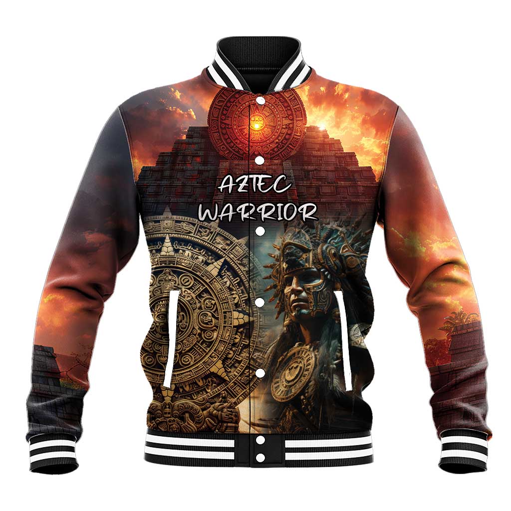 Unisex Aztec warrior baseball jacket with orange abstract print, striped collar and cuffs