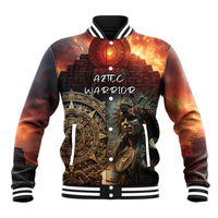Unisex Aztec warrior baseball jacket with orange abstract print, striped collar and cuffs