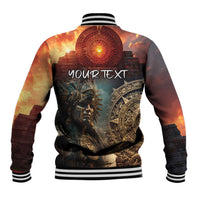 Unisex Aztec warrior baseball jacket, back graphic with circular emblem, striped collar and hem