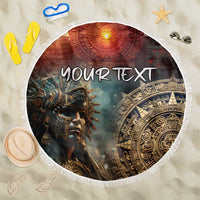 Round beach blanket with fringe, Aztec warrior and compass circle, 'YOUR TEXT' printed.