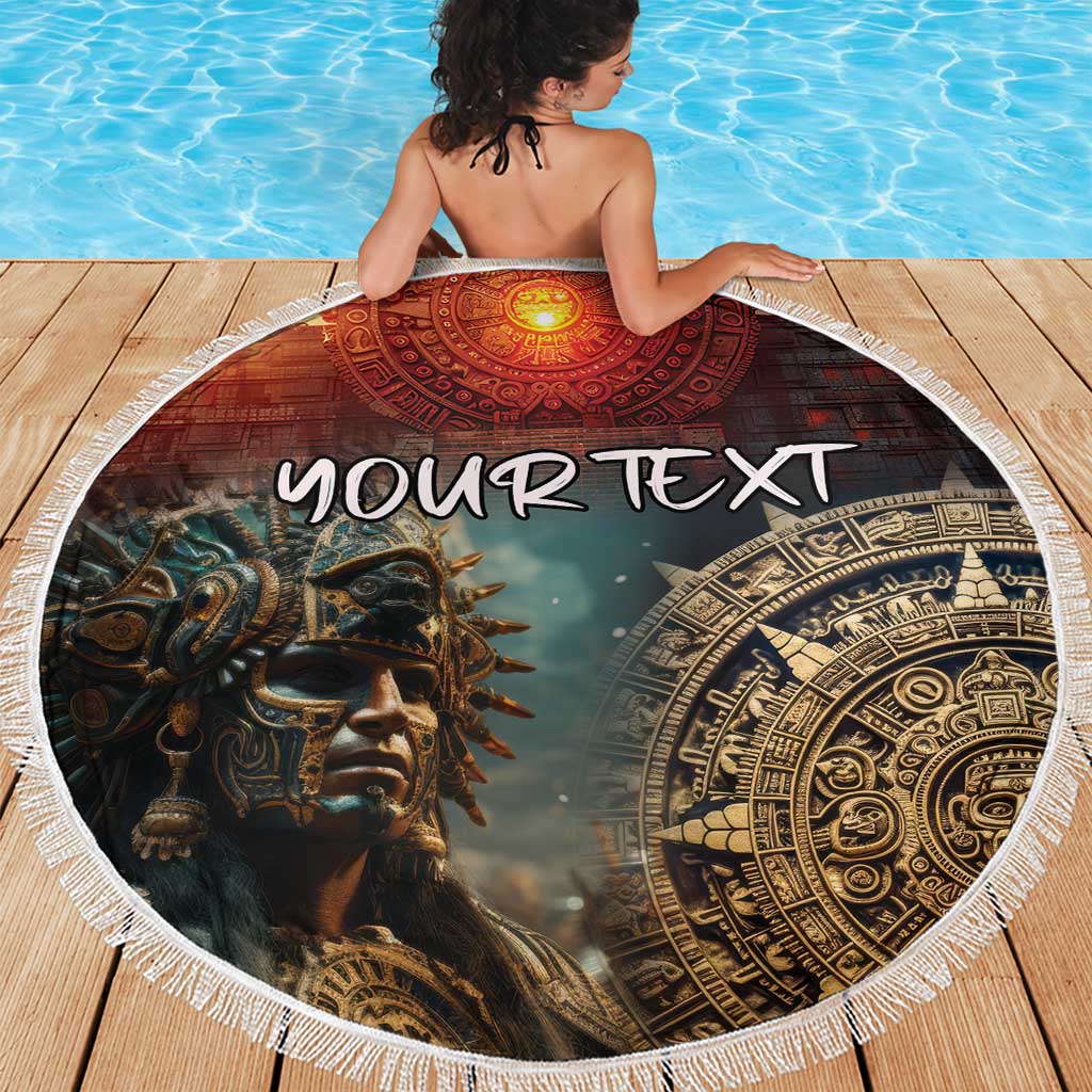 Round beach blanket with fringe, Aztec warrior portrait and golden compass pattern, 'YOUR TEXT'.