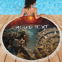 Round beach blanket with fringe, Aztec warrior portrait and golden compass pattern, 'YOUR TEXT'.
