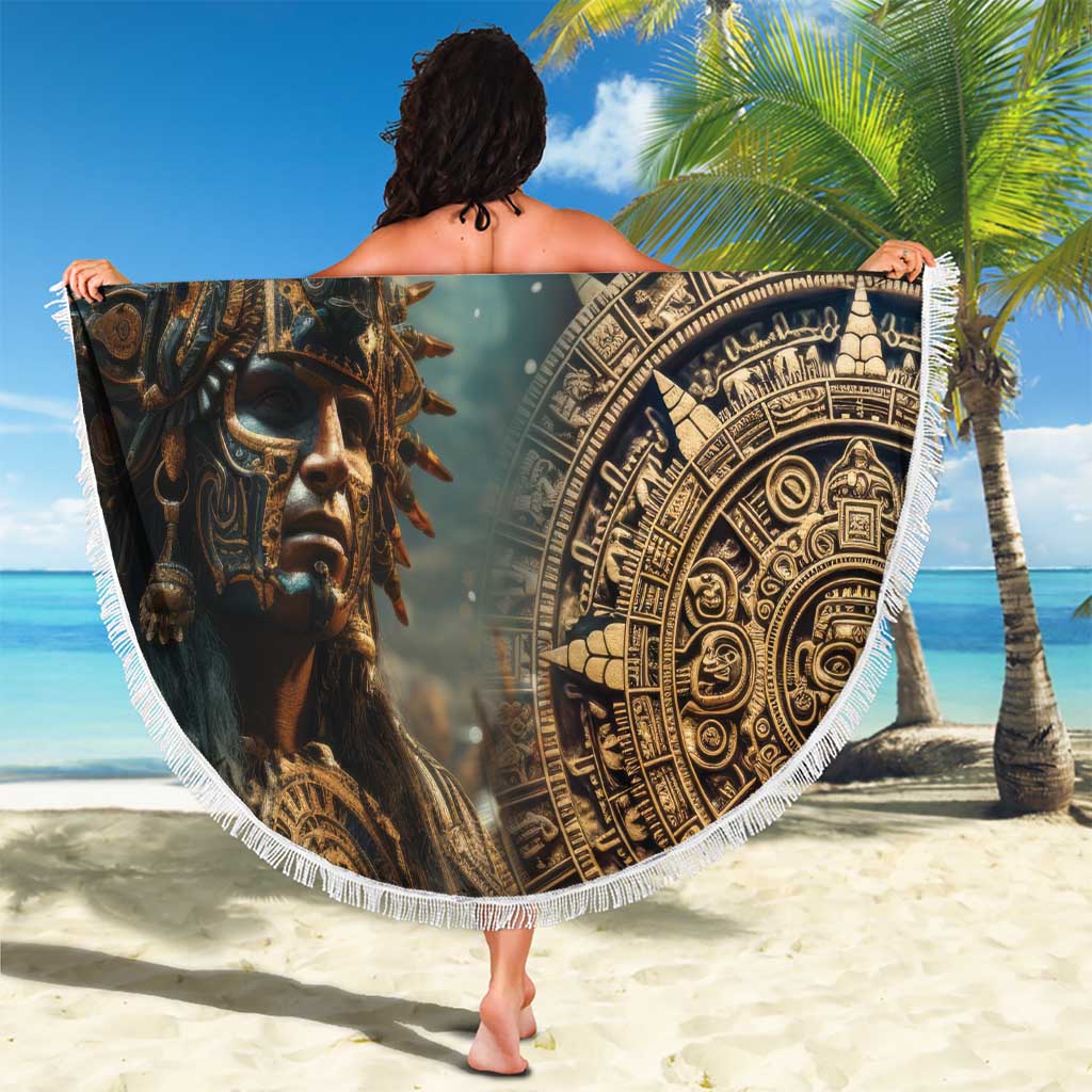 Round beach blanket with fringe, Aztec warrior and circular emblem, 'YOUR TEXT' center.