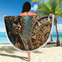 Round beach blanket with fringe, Aztec warrior and circular emblem, 'YOUR TEXT' center.