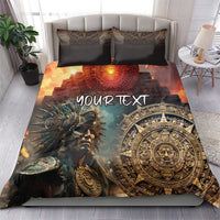 Personalized bedding set with Aztec warrior print, round sun emblem, and “YOUR TEXT”