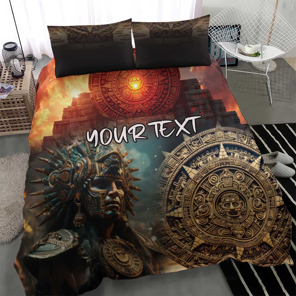 Personalized duvet and pillowcases with warrior artwork, circular sun design, and “YOUR TEXT”