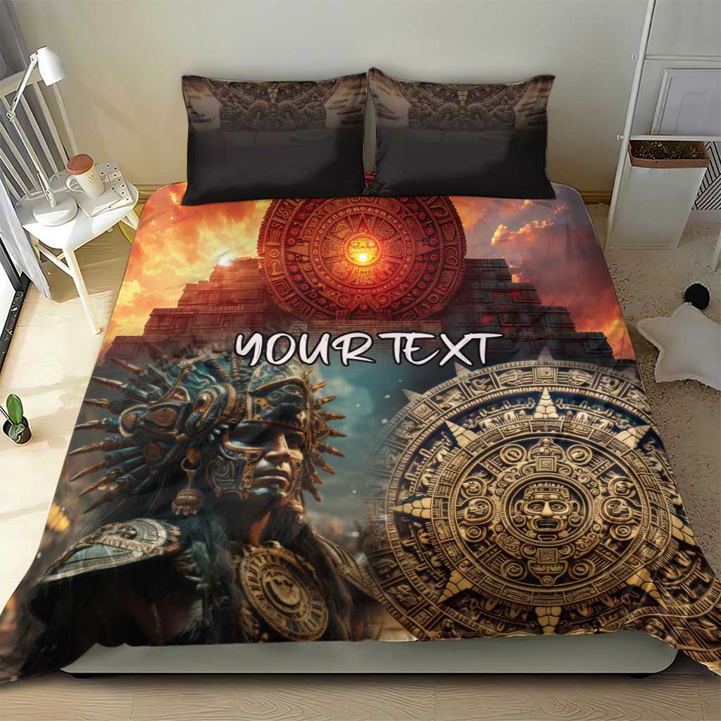 Personalized Mexican-style bedding set featuring warrior portrait, sun disc emblem, “YOUR TEXT”
