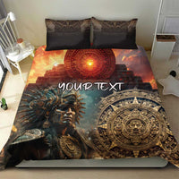 Personalized Mexican-style bedding set featuring warrior portrait, sun disc emblem, “YOUR TEXT”
