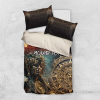 Personalized bedding set with warrior and Aztec sun wheel print, “YOUR TEXT”