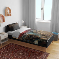Personalized bedding set with Aztec warrior scene, ornate gold sun motif, and “YOUR TEXT”