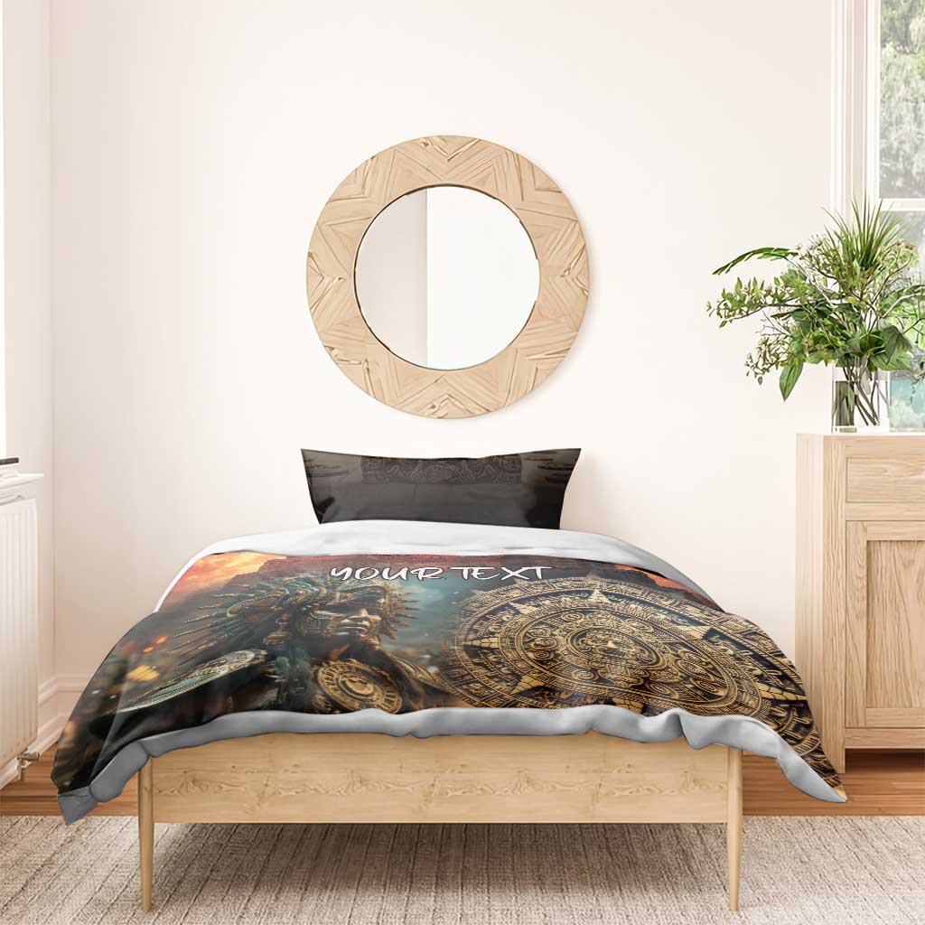 Personalized bedding set with warrior and sun-wheel artwork, “YOUR TEXT” on the duvet