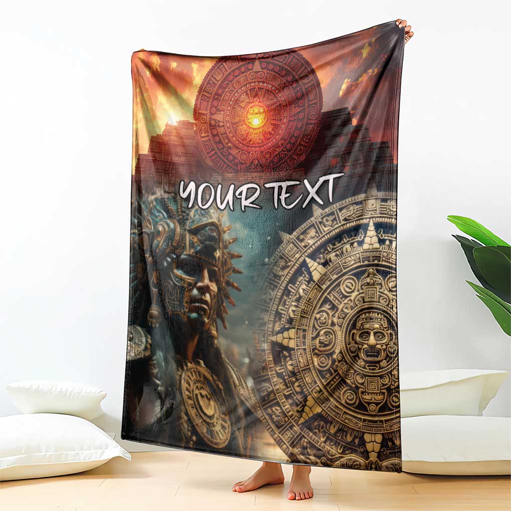 Personalized Mexican Aztec warriors blanket held upright, showing "YOUR TEXT" and detailed artwork