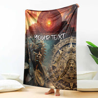 Personalized Mexican Aztec warriors blanket held upright, showing "YOUR TEXT" and detailed artwork