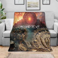 Personalized Mexican Aztec warriors blanket with "YOUR TEXT" and ornate red and gold artwork