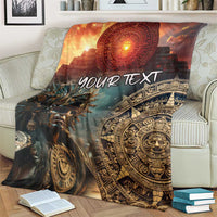 Personalized Mexican Aztec warriors blanket draped on couch, featuring "YOUR TEXT" design