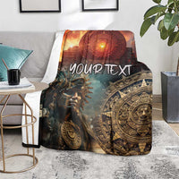 Personalized Mexican Aztec warriors blanket on sofa with "YOUR TEXT" and warm orange-red accents