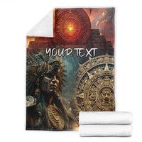 Personalized Mexican Aztec warriors blanket with "YOUR TEXT" artwork, shown folded with white rolls