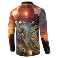 Button-front sweatshirt with Aztec warrior back print and circular sky emblem