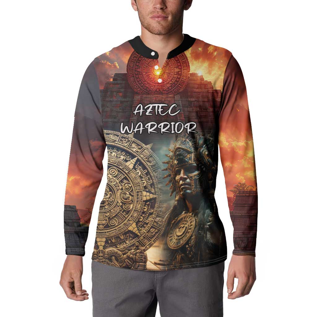 Button-front sweatshirt with Aztec warrior front print and long sleeve panels