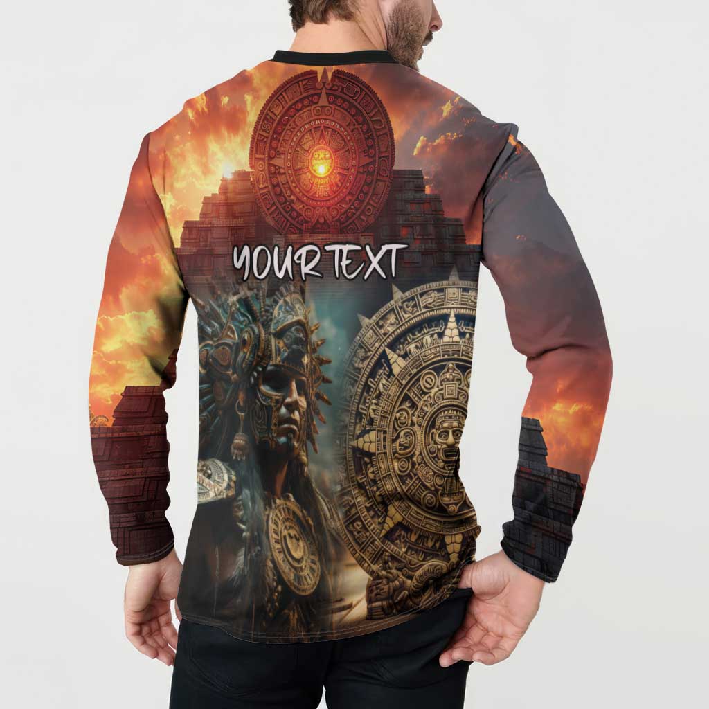 Button-front sweatshirt with Aztec warrior back graphic and custom text panel