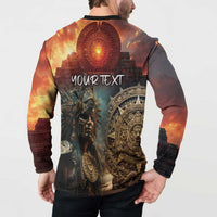 Button-front sweatshirt with Aztec warrior back graphic and custom text panel