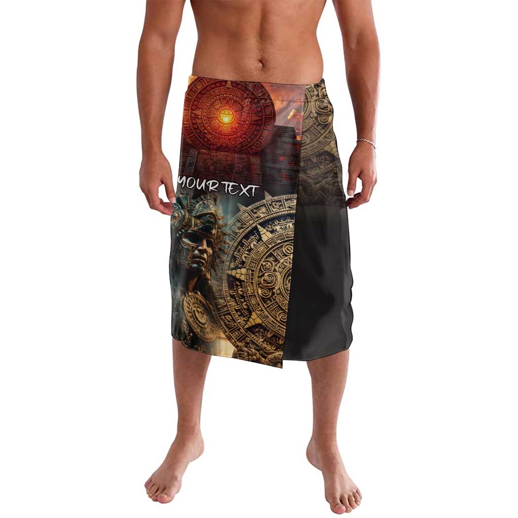 Men's lavalava wrap skirt with Aztec warrior print and dark solid panel, side slit