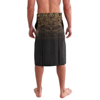 Men's lavalava wrap skirt with top band Aztec pattern and dark drape panel, straight hem