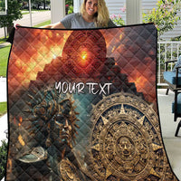 Oversized Aztec warrior quilt, orange sunset tones, YOUR TEXT, circular tribal artwork