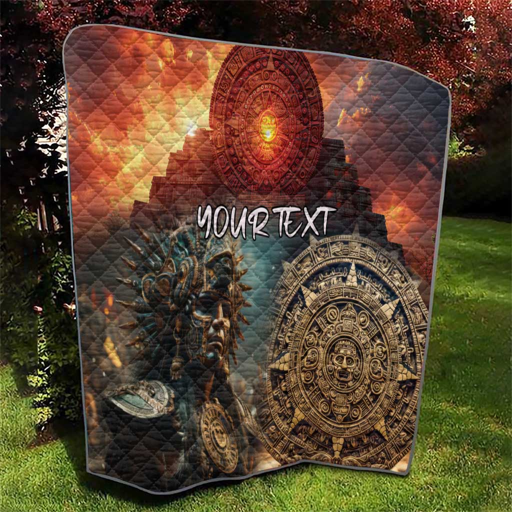 Aztec warrior quilt on grass, orange and charcoal gradient, YOUR TEXT, ornate sun emblem