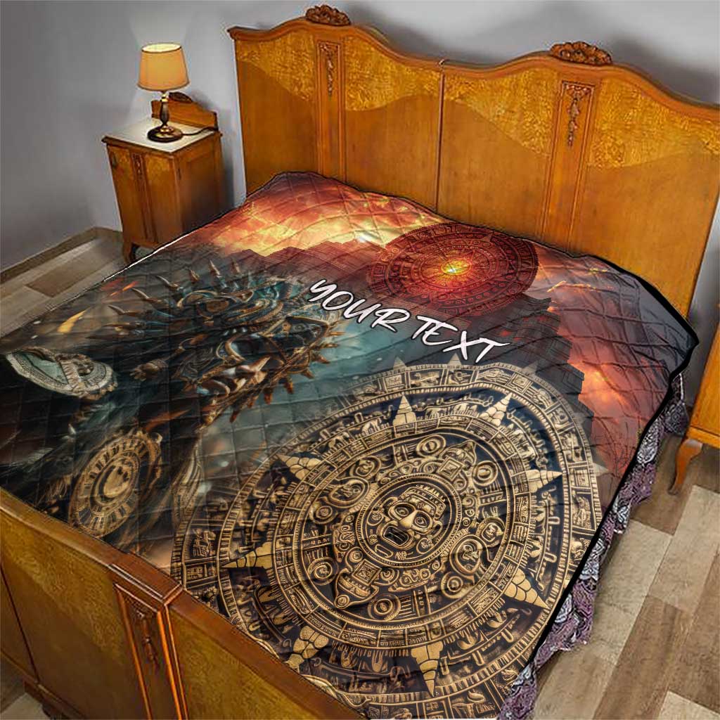 Aztec warrior quilt on wooden bed, warm orange-and-black design, YOUR TEXT, large face