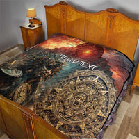 Aztec warrior quilt on wooden bed, warm orange-and-black design, YOUR TEXT, large face