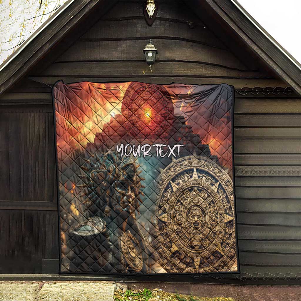 Aztec warrior quilt on wooden porch, orange-black tones, YOUR TEXT, face medallion