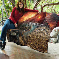 Aztec warrior quilt draped on patio, orange sunset colors, YOUR TEXT, circular tribal figure