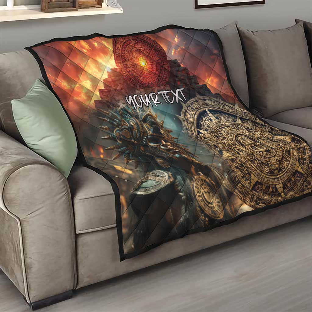 Aztec warrior throw quilt on sofa, orange-black artwork, YOUR TEXT, ornate sun face