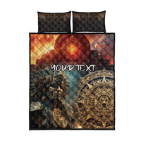 Personalized quilt bed set with 'YOUR TEXT', Aztec symbols, teal and gold, two pillows